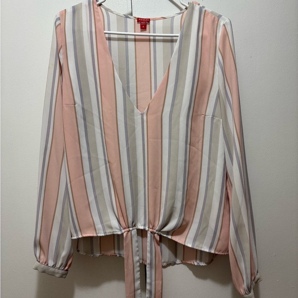 Guess Pink and White Striped V-Neck Blouse